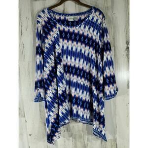 Chicos Zenergy Tunic Top Size 3 or XL Blue Asymmetrical Abstract Tie Dye Stretch